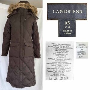 Lands' End Women's Long Puffer Coat with Faux Fur Hood - Brown